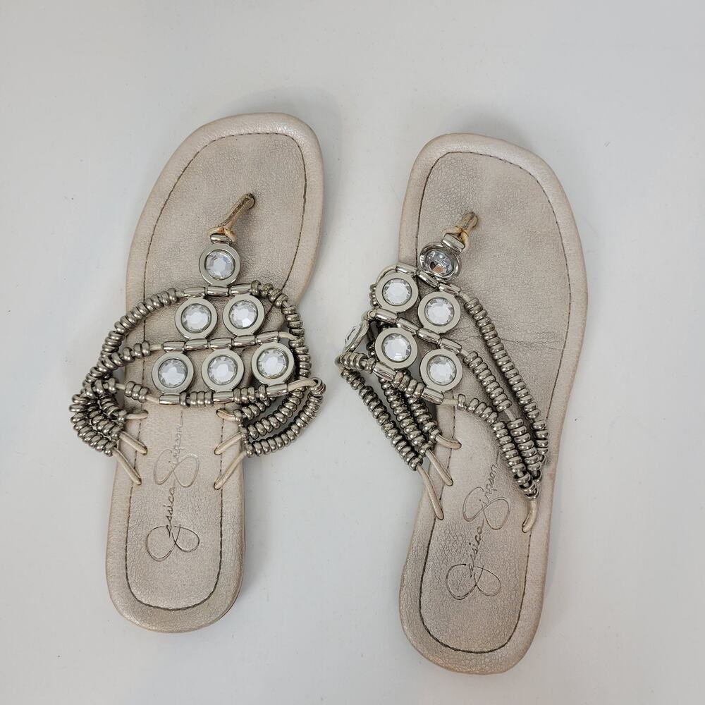 Jessica Simpson Women's Sandals 6.5 Silver Rhinestone Gladiator Roman Flip Flop